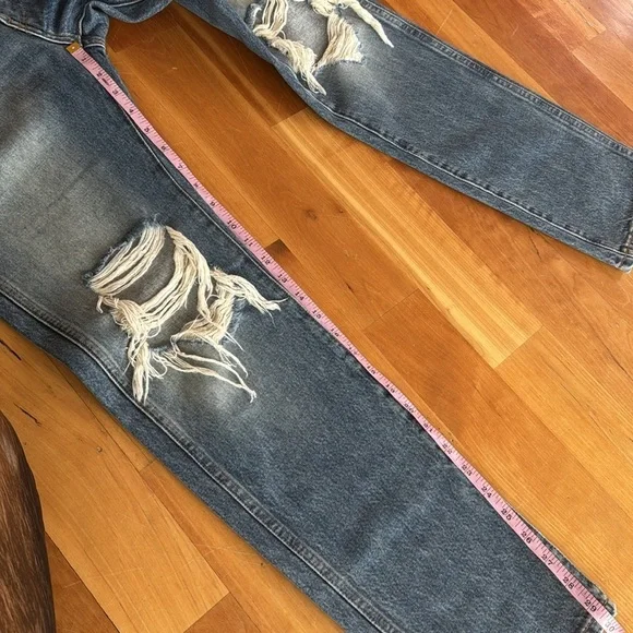 KHAITE Straight stovepipe jeans in blue Rigid Denim Distressed Women 26 New